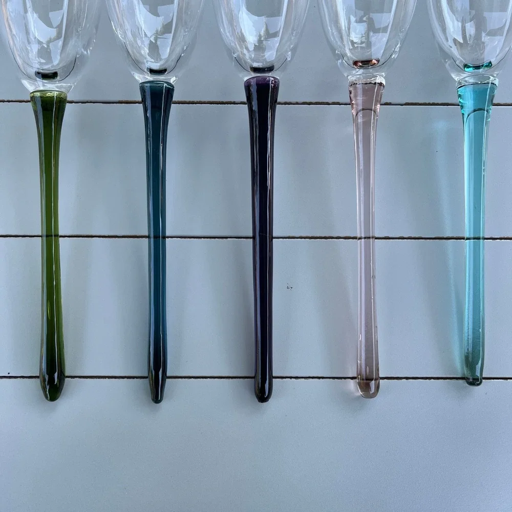 VTG 5 Hand Blown Champagne Bouquet Flutes Long Stems with Glass Vase